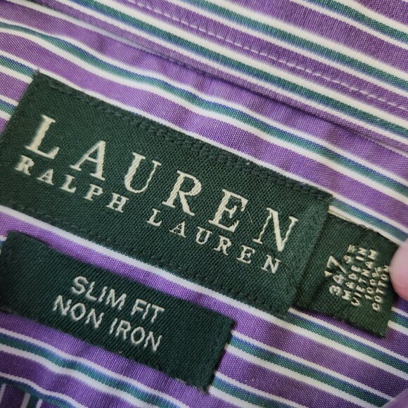 Lauren Ralph Lauren Slim Fit Men's 17 34/35 Purple Green Stripe Button Up Cotton - Picture 1 of 7